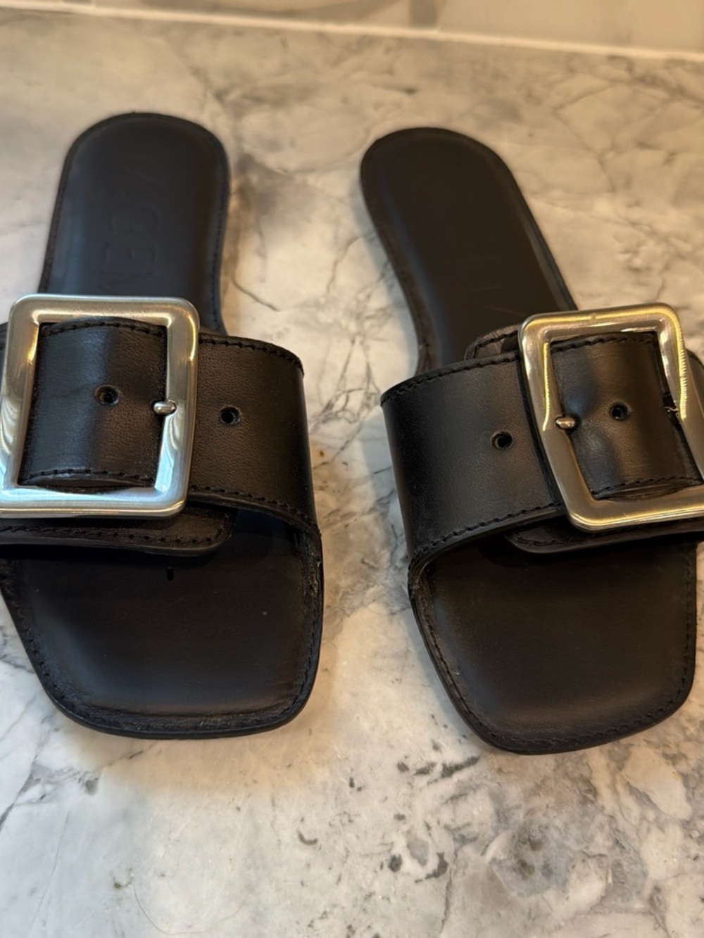 M. Gemi Black Leather Slide Sandals with Silver Buckles